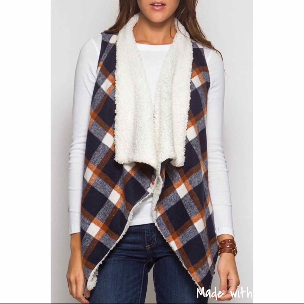 She + Sky Plaid Sherpa Lines Drape Vest